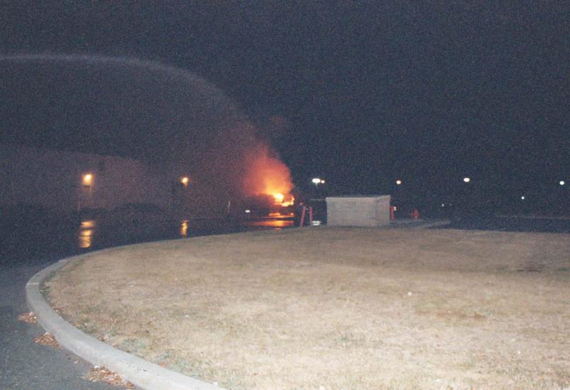 Deck gun from 9-5 attacks a butane truck fire on Ronson Road, August 2005.