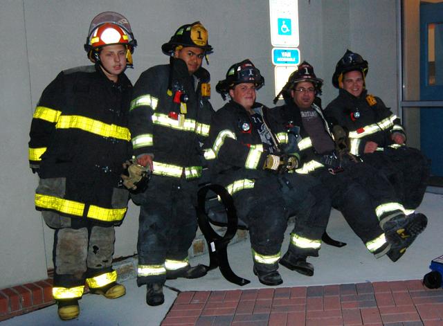 Explorer Jeff Joyce, Probationary FF Dave Barahona, FF/EMT Mike DiPrima, FF Dave Lullo, and FF Garnet Hargreaves take a break during a company drill, May 24, 2012.