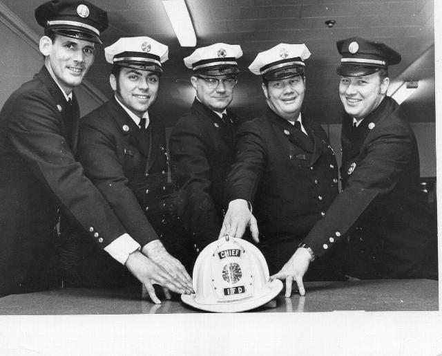 1972 Line Officers (L-R): Captain Tom McCann, 2nd Deputy Chief Fred Sutter, Chief Roger Stewart, 1st Deputy Chief Tom Cullen, Lieutenant Richie Buckreis.